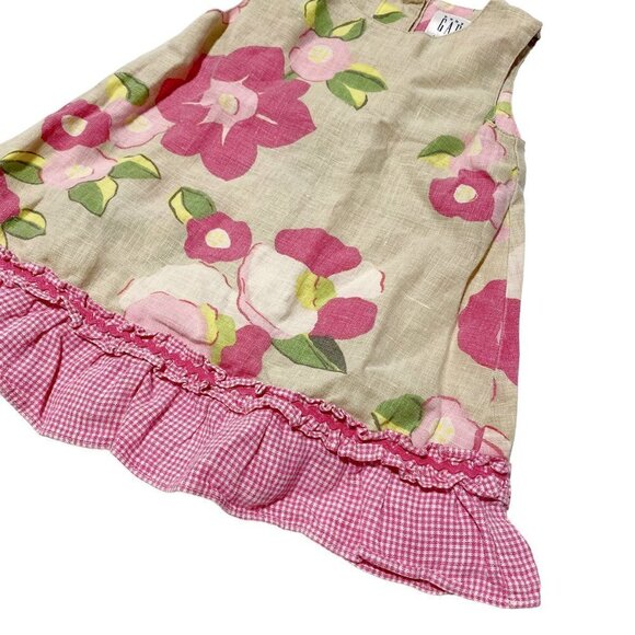 Vintage Baby Gap Linen Floral Dress with Picnic Plaid Ruffle Trim - Picture 2 of 3